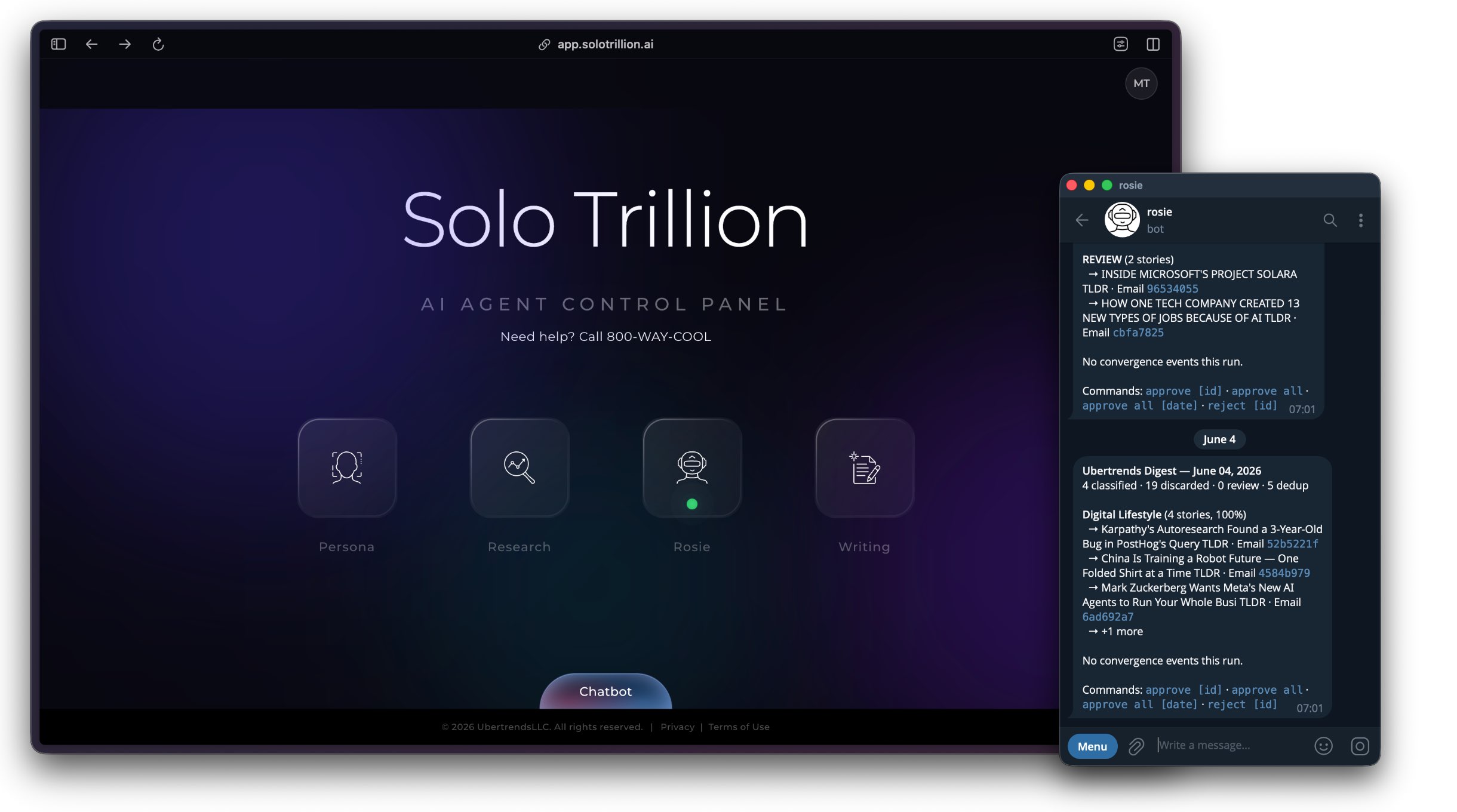 Solo Trillion AI Agent Control Panel — desktop and mobile.