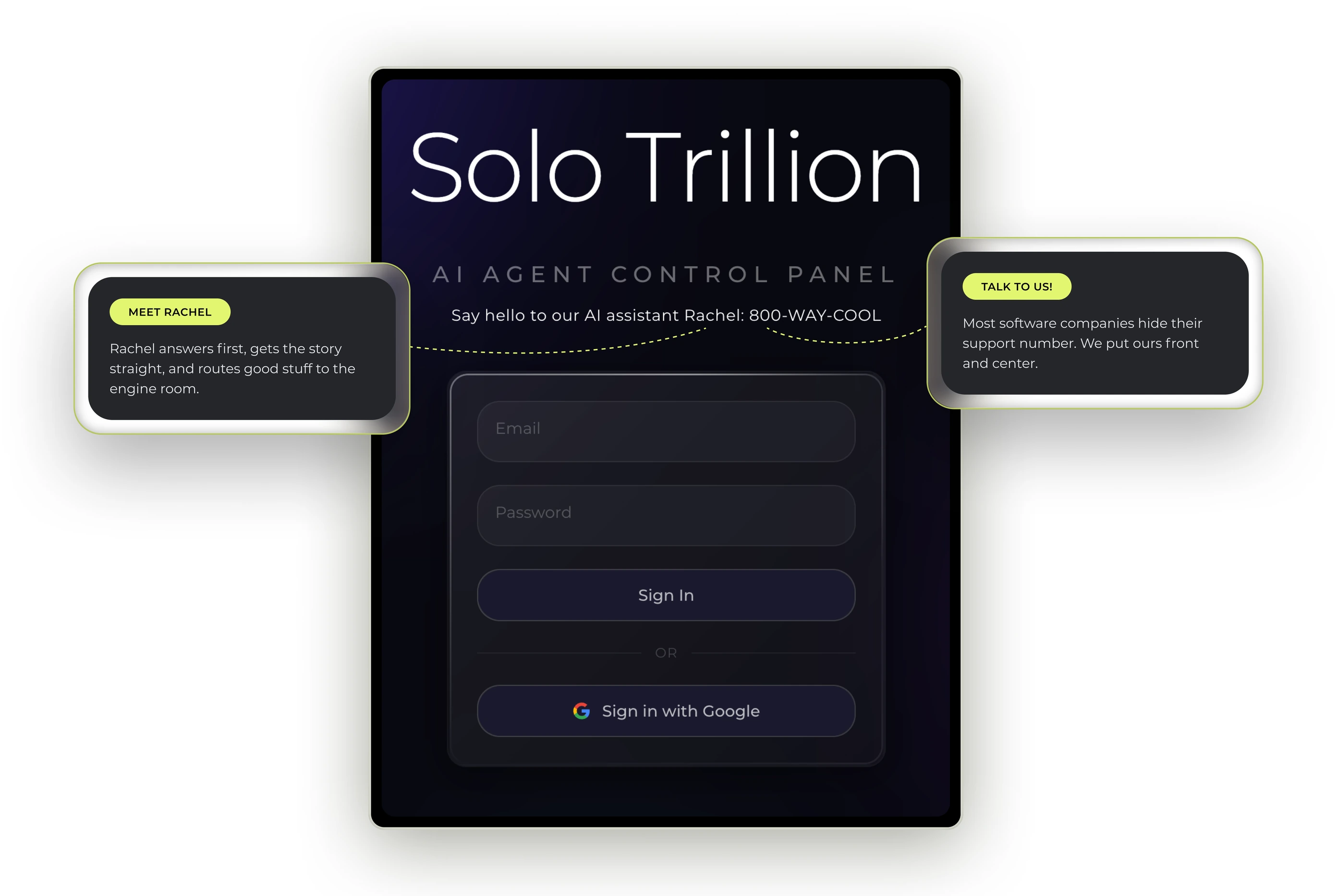 Solo Trillion login screen with glass callouts for Rachel and the 800-WAY-COOL support number.